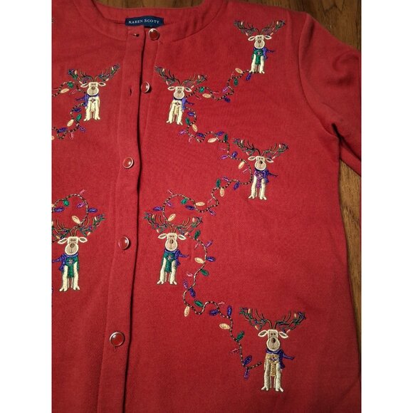 Karen Scott Christmas Cardigan Embroidered Sweatshirt w/Reindeer & Lights S - Picture 2 of 10